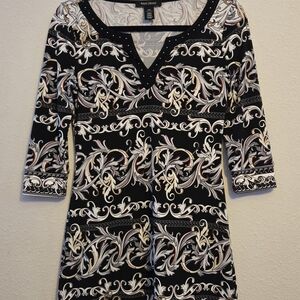 White House Black Marker Black‎ and White Patterned Dress with Studded Neckline